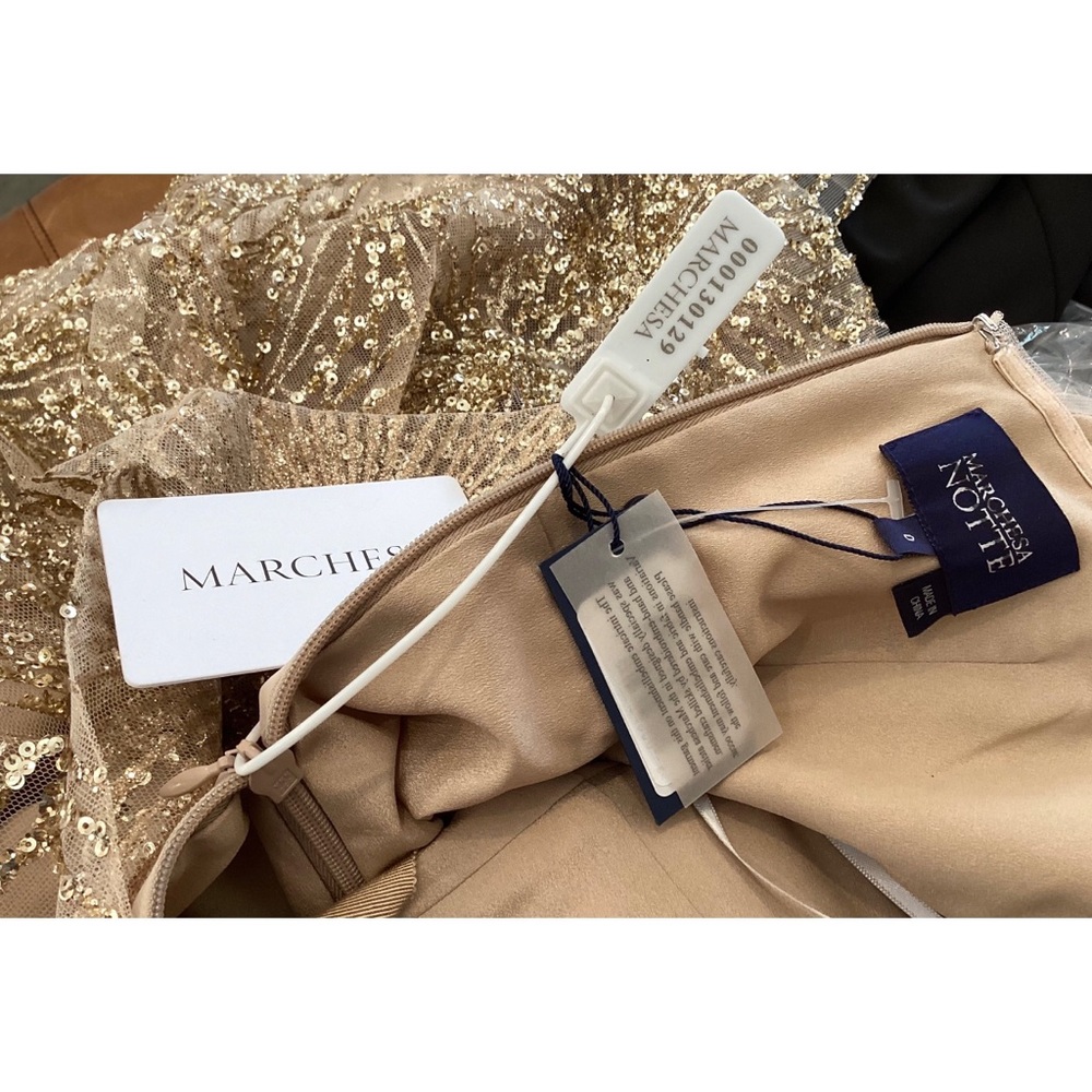 MARCHESA NOTTE GOLD GLITTER & BEADED TIERED GOWN - Picture 6 of 7